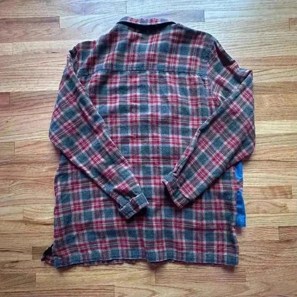 Vintage Plaid Button Shirt Attached Denim Vest  90s Button Up Flannel l SZ MED - Picture 6 of 6